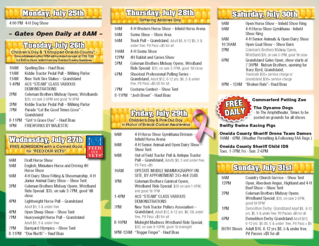Daily Event Schedule 2022 Boonville Oneida County Fair