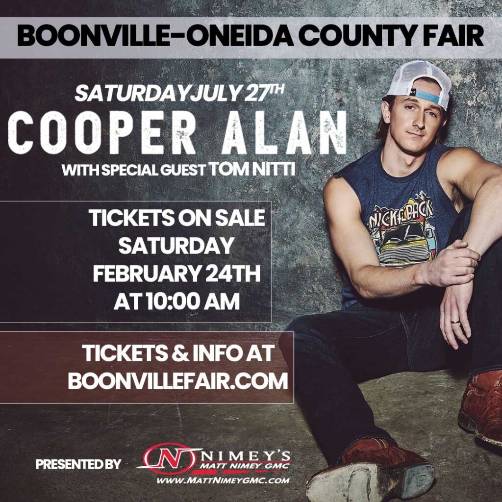 Cooper Alan Tickets Go On Sale Feb. 24th, 2024 Boonville Oneida